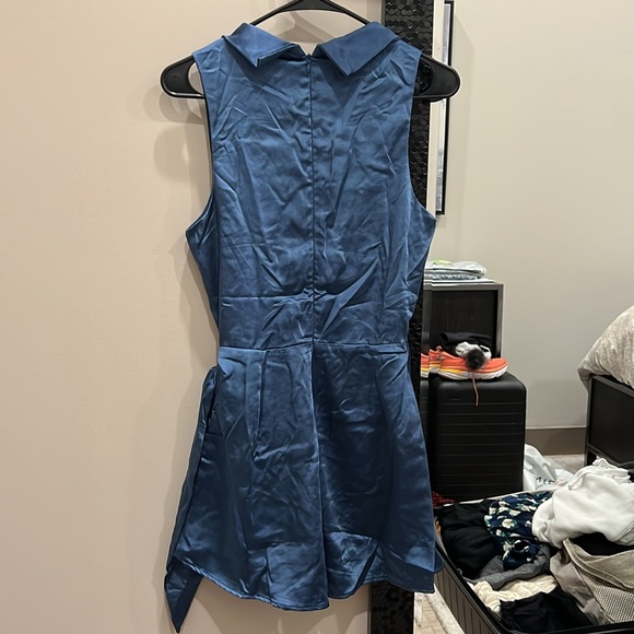 Lulu’s Chic Influence Blue Satin Collared Sleeveless Skort Romper - Picture 7 of 7